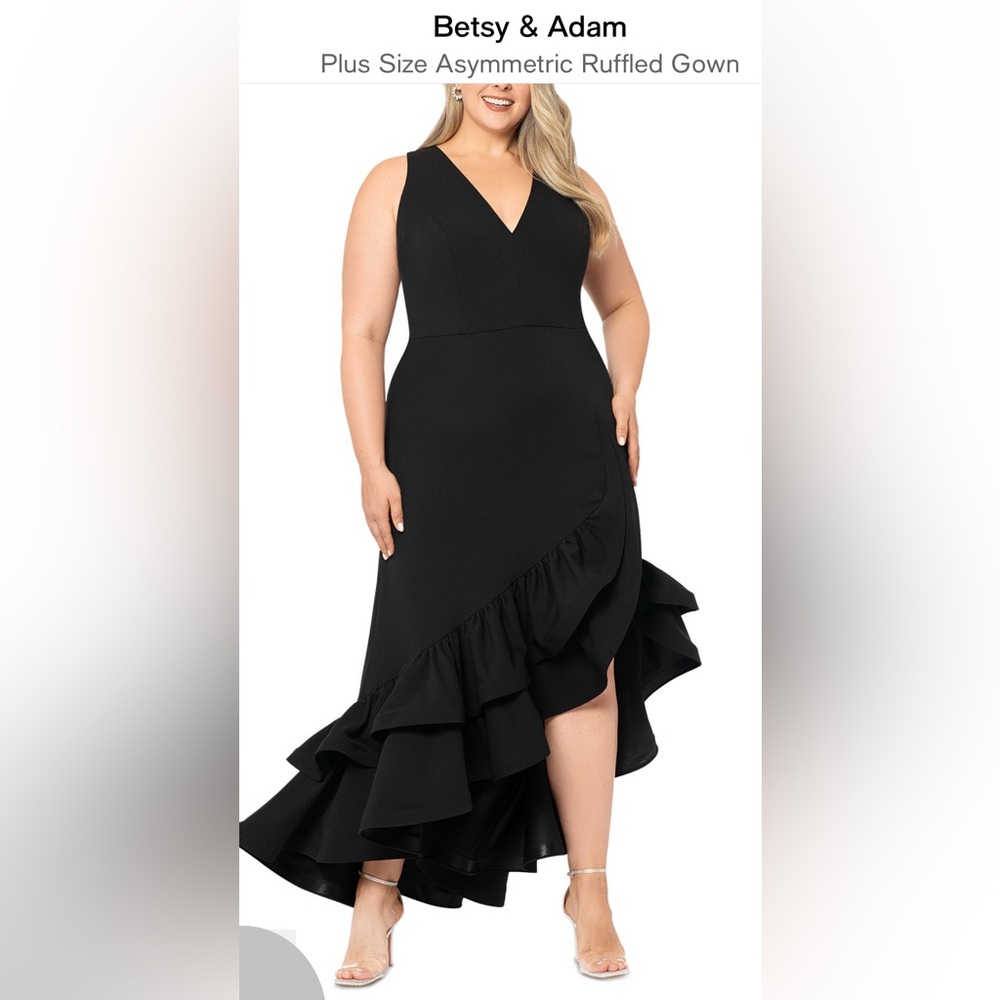 Betsy& Adam Plus Size Asymmetric Ruffle Gown - image 1